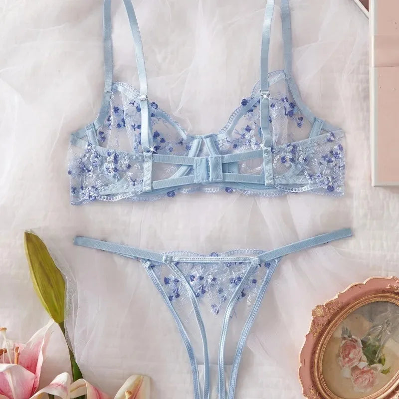 Toucheart Erotic Sling Lingerie Panty2PCS Embroidery Floral See-through Body Shaping Delicate Braset