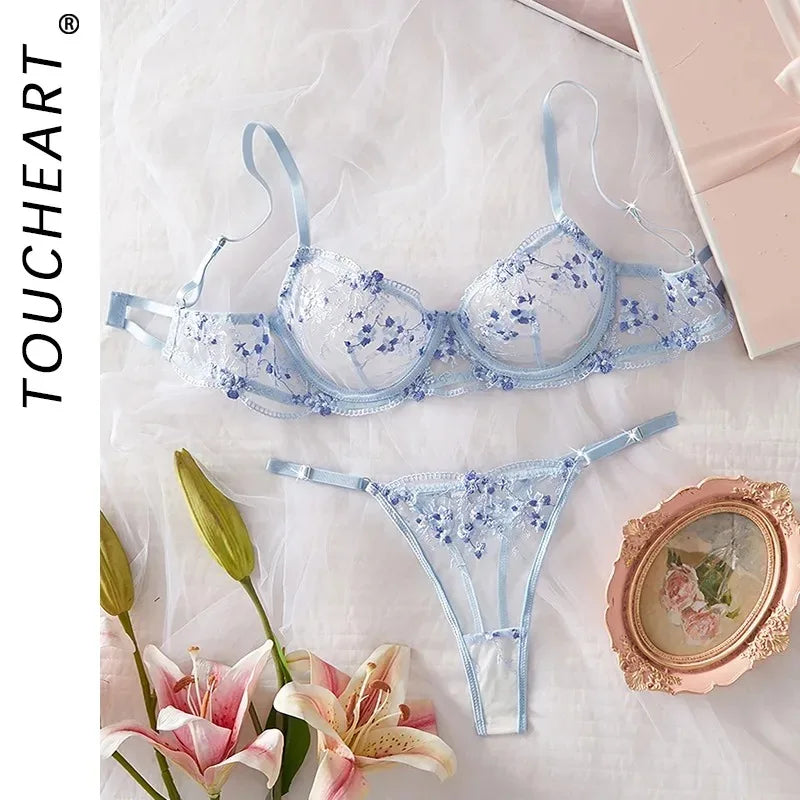Toucheart Erotic Sling Lingerie Panty2PCS Embroidery Floral See-through Body Shaping Delicate Braset