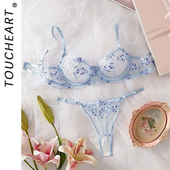 Toucheart Erotic Sling Lingerie Panty2PCS Embroidery Floral See-through Body Shaping Delicate Braset