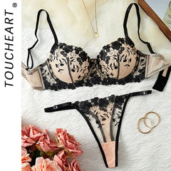 Toucheart Erotic Underwear Mesh See-through Embroidery Vine Thin Model Intimate Premium Bra Set