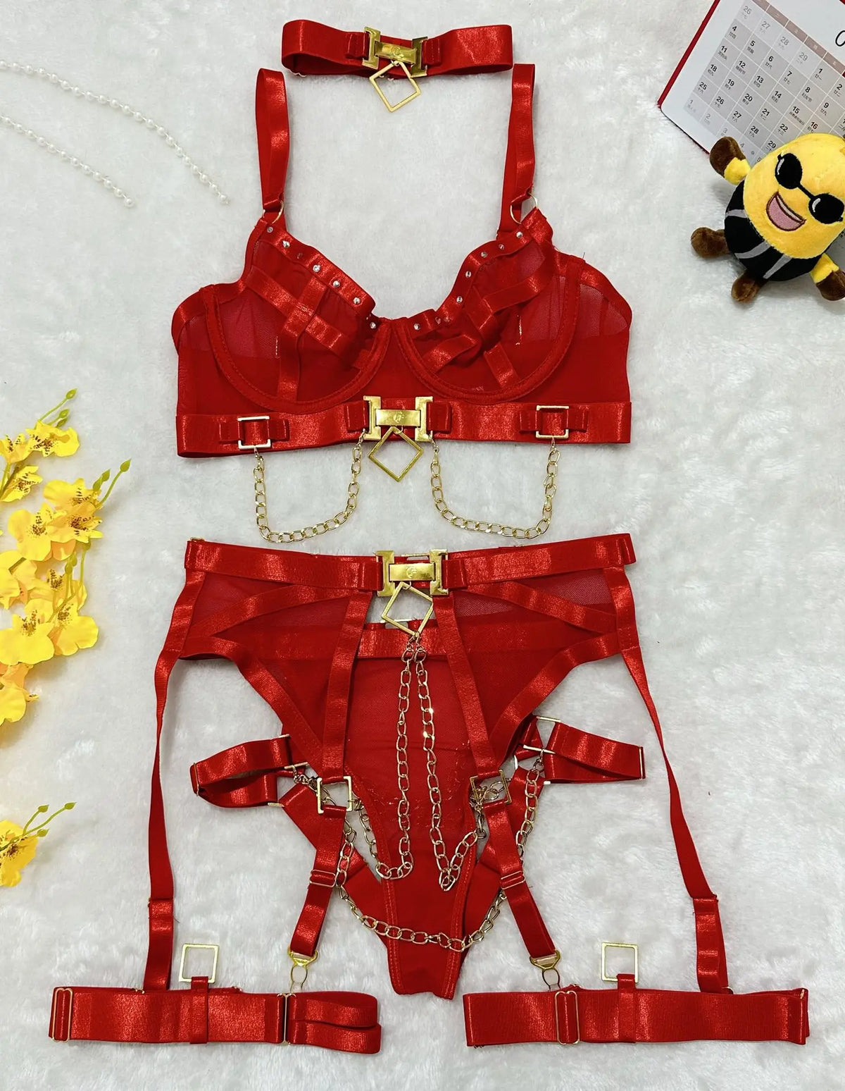 Toucheart Erotic Underwear Mesh See-through Metal Chain Girls Coquette Nightclub Party Dance Suit