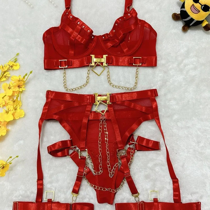 Toucheart Erotic Underwear Mesh See-through Metal Chain Girls Coquette Nightclub Party Dance Suit