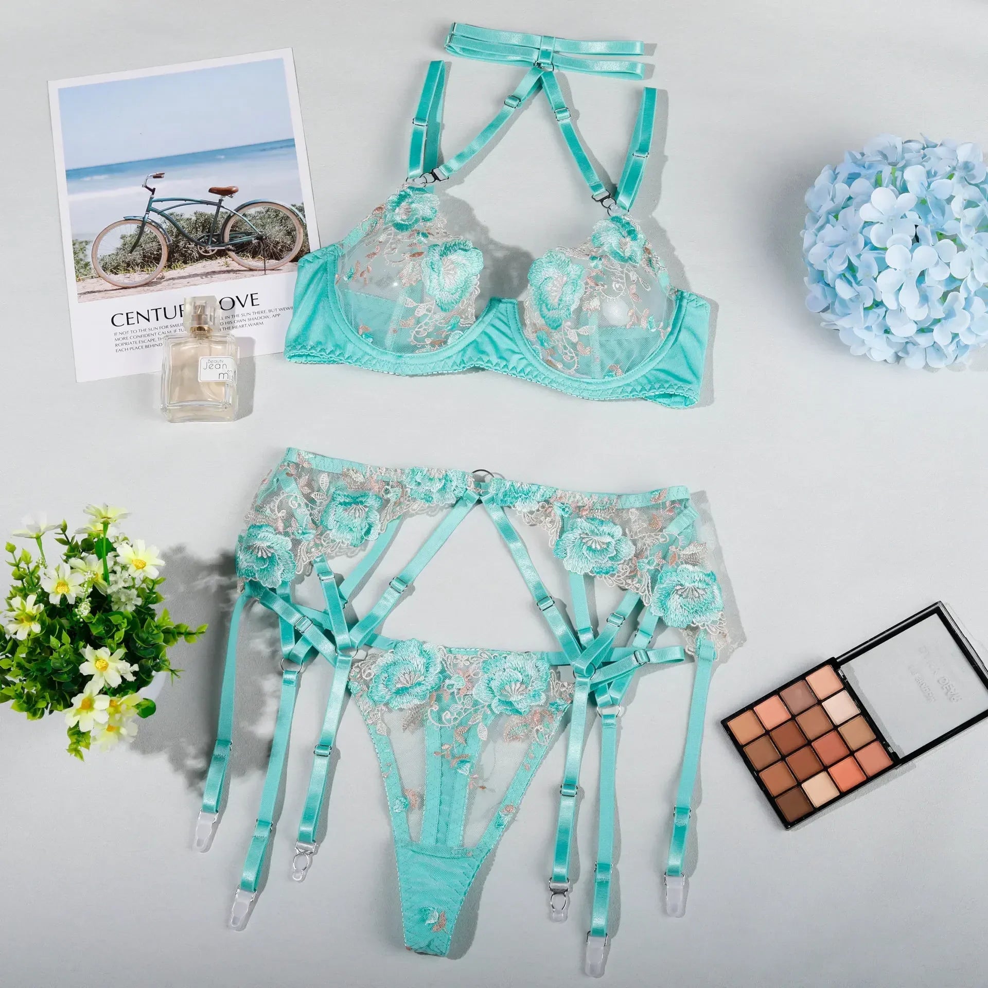 Toucheart Fancy Floral Lingerie Garter Belt Set Erotic Transparent Bra Attractive Chest Underwear