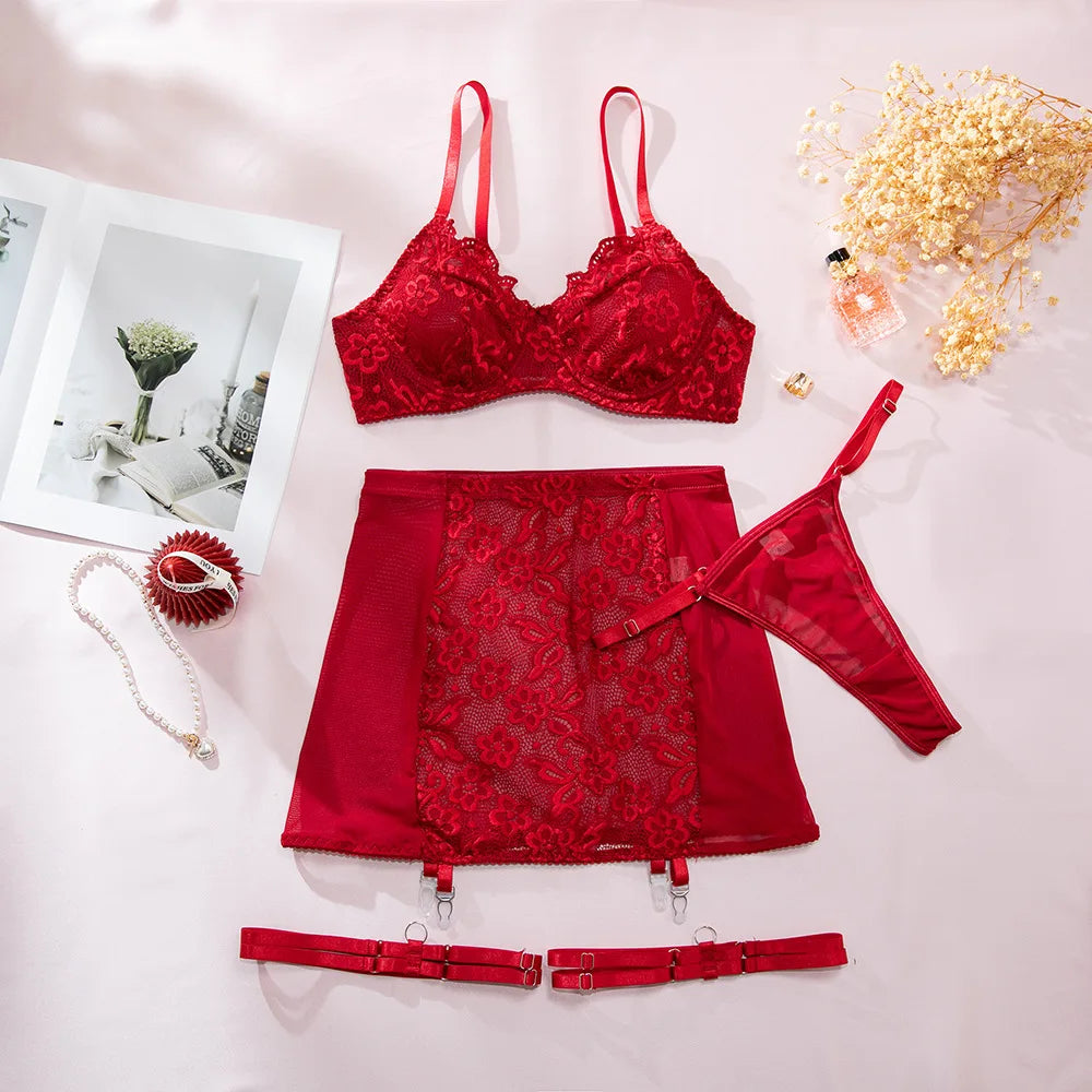Toucheart Fancy Lingerie Panty with Bodycon Dress Embroidery Lace Floral Slim High Waisted Underwear Set