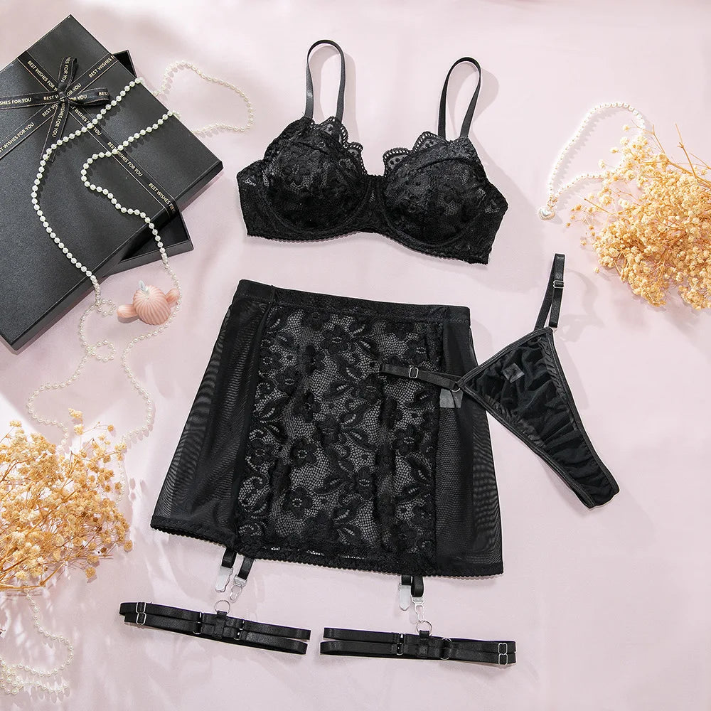 Toucheart Fancy Lingerie Panty with Bodycon Dress Embroidery Lace Floral Slim High Waisted Underwear Set