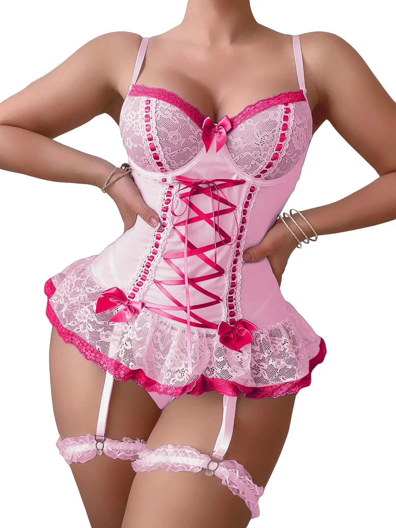 Toucheart Fancy Lace Bodysuit Lace Up Body Suit Girly Pink Bow Knot Dames Garters Perspective Lingerie Jumpsuit