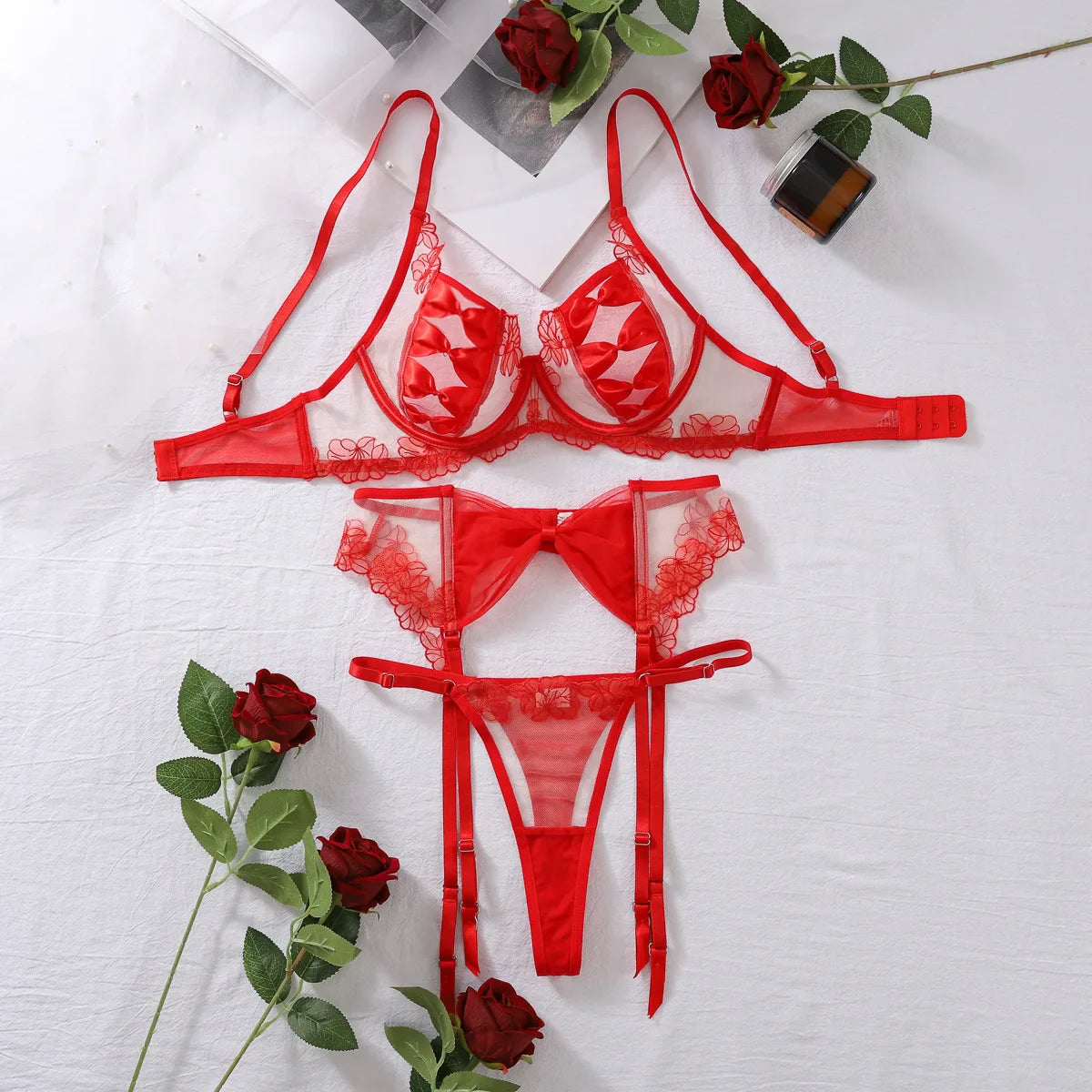 Toucheart Fancy Lingerie Panty Waist Seal 3PCS Lace See-through Plunge Underwear Set