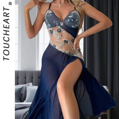 Toucheart Fancy Sleeping Skirt Lace See-through Irregular Embroidery Floral Delicate Slim Dress
