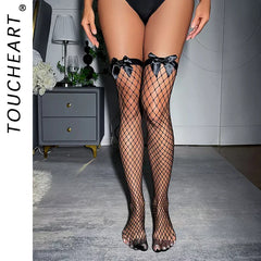 Toucheart Fishnet Stockings Bow Solid Color Medium Large Mesh Fishnet Stockings Long Fishnet Stockings
