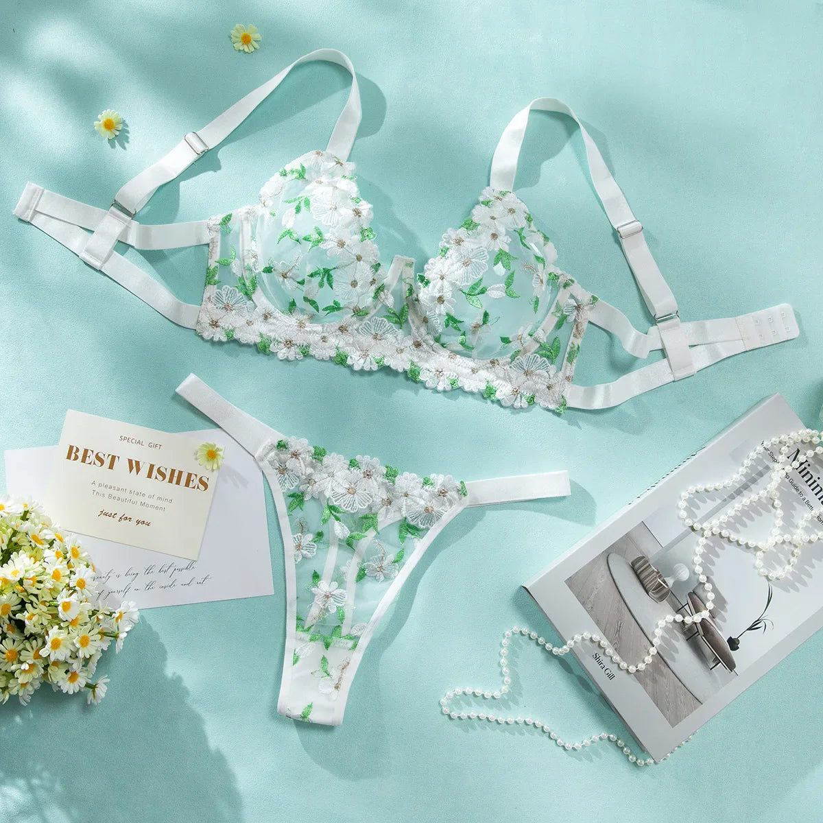 Toucheart Flowers Embroidery Thin Model Lace See-through Underwear Thong Exposed Navel High Waisted Mesh Set