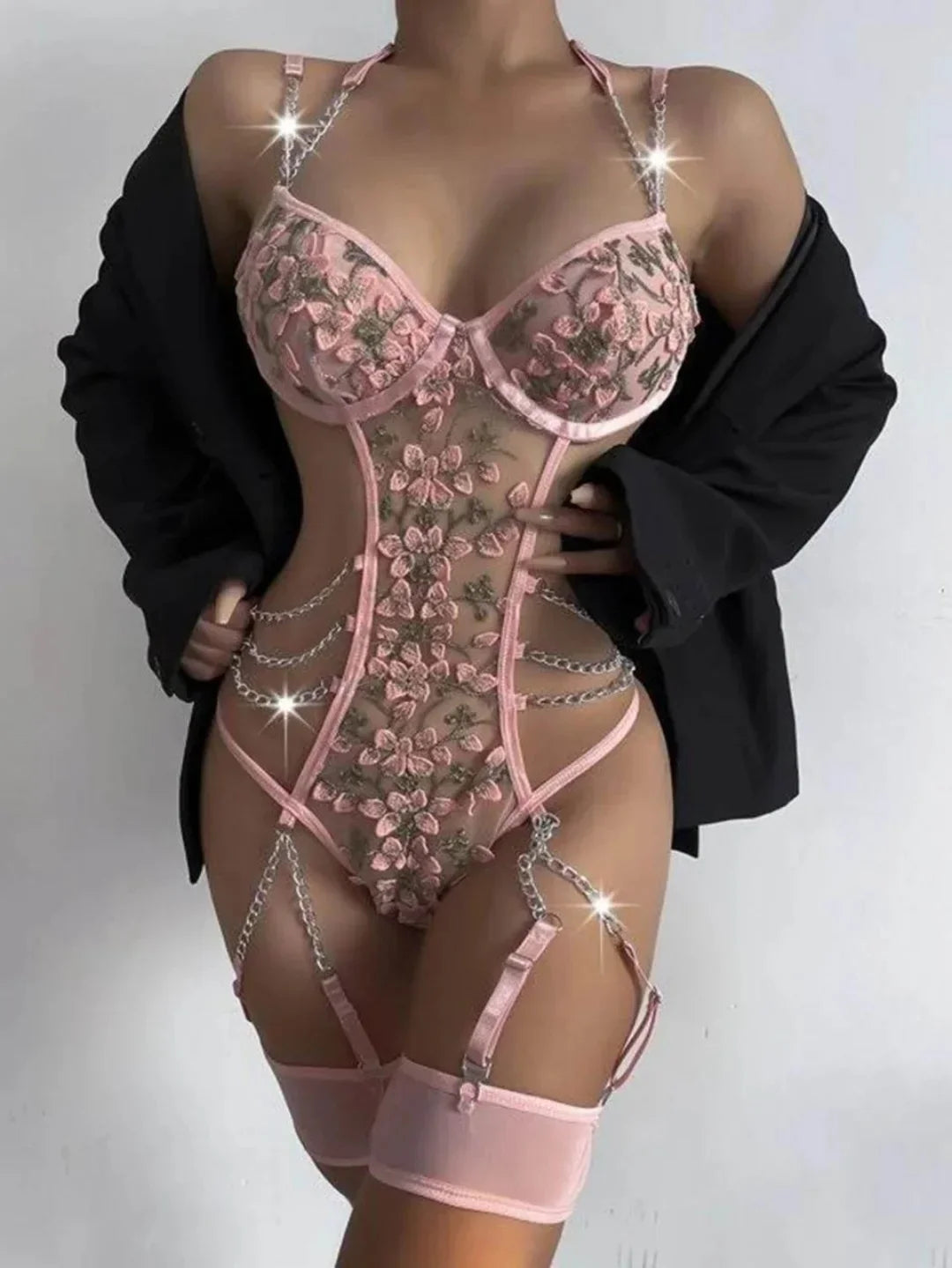Toucheart Girl Lace Floral Babydoll Bodysuit Steel RingLeg Rings Private Plunge Adult Suit