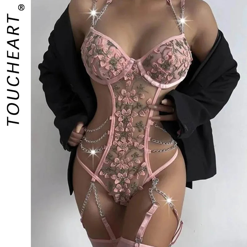 Toucheart Girl Lace Floral Babydoll Bodysuit Steel RingLeg Rings Private Plunge Adult Suit