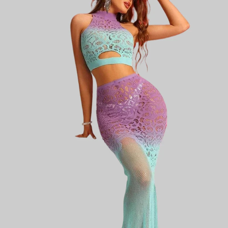 Toucheart Gradient Color Fishnet Bodysuit Lingerie Rainbow Bodystocking Mesh Perspective Erotic Underwear