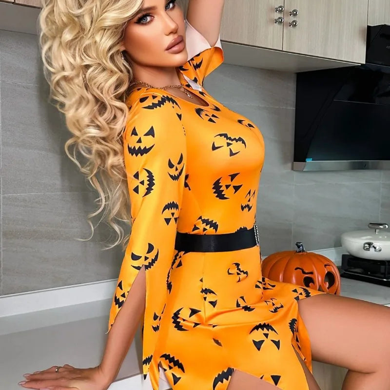 Toucheart Halloween Cosplay Dress Uniform Pumpkin Printing Set Slim High Waisted Girl Dress Uniform Set