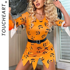 Toucheart Halloween Cosplay Dress Uniform Pumpkin Printing Set Slim High Waisted Girl Dress Uniform Set