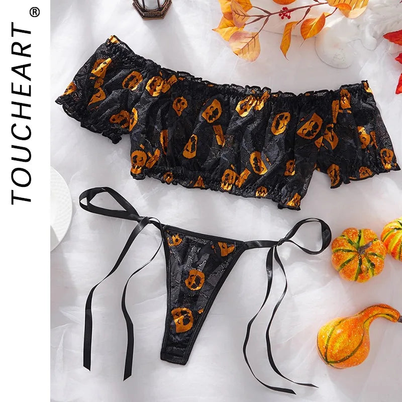 Toucheart Halloween Pumpkin Printing Thong Set Slim Off-shoulder Leisure Cosplay