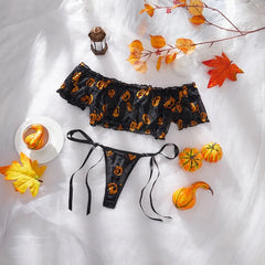 Toucheart Halloween Pumpkin Printing Thong Set Slim Off-shoulder Leisure Cosplay