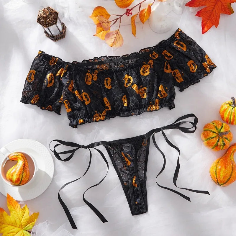 Toucheart Halloween Pumpkin Printing Thong Set Slim Off-shoulder Leisure Cosplay