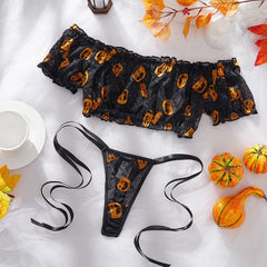 Toucheart Halloween Pumpkin Printing Thong Set Slim Off-shoulder Leisure Cosplay