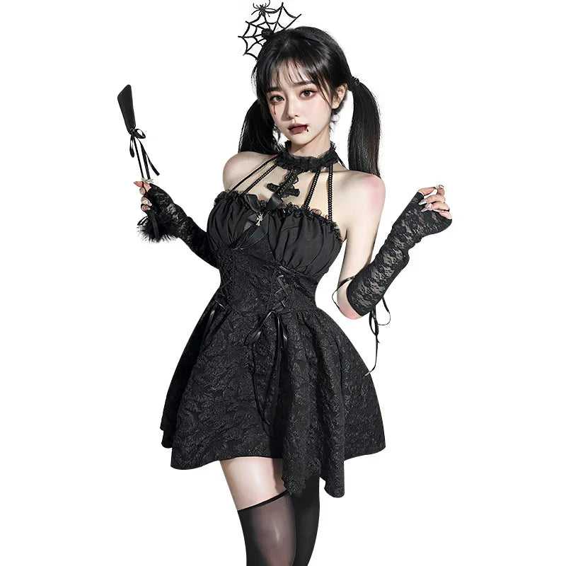 Toucheart Halloween Cosplay Little Devil Dress Uniform Set Slim Backless Black Ruched Bodycon Dress Dress Set
