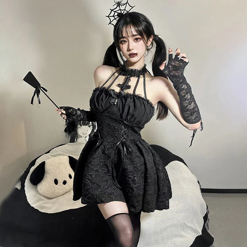 Toucheart Halloween Cosplay Little Devil Dress Uniform Set Slim Backless Black Ruched Bodycon Dress Dress Set