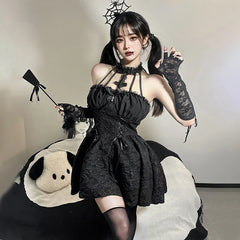 Toucheart Halloween Cosplay Little Devil Dress Uniform Set Slim Backless Black Ruched Bodycon Dress Dress Set