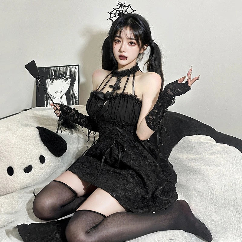 Toucheart Halloween Cosplay Little Devil Dress Uniform Set Slim Backless Black Ruched Bodycon Dress Dress Set