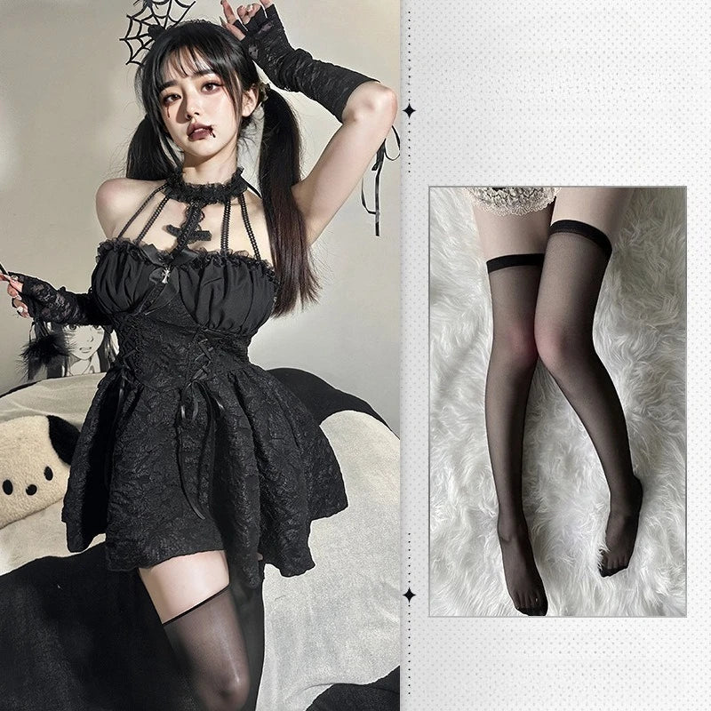 Toucheart Halloween Cosplay Little Devil Dress Uniform Set Slim Backless Black Ruched Bodycon Dress Dress Set