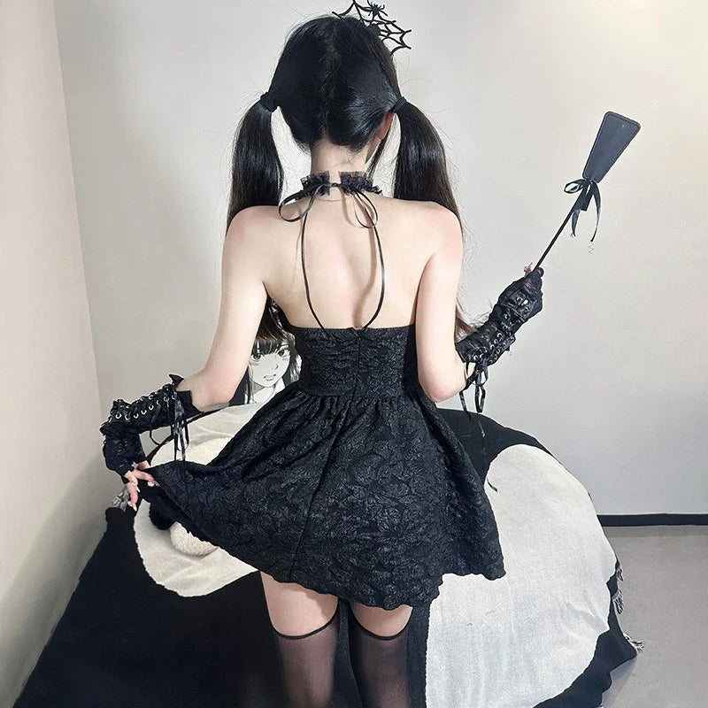 Toucheart Halloween Cosplay Little Devil Dress Uniform Set Slim Backless Black Ruched Bodycon Dress Dress Set