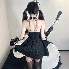 Toucheart Halloween Cosplay Little Devil Dress Uniform Set Slim Backless Black Ruched Bodycon Dress Dress Set