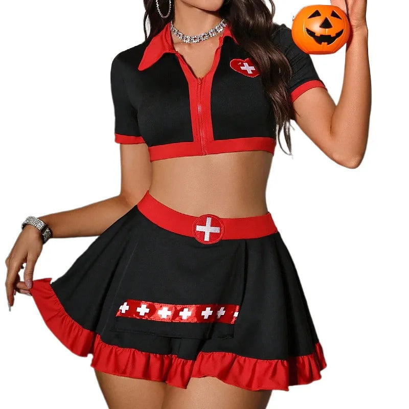 Toucheart Halloween Cosplay Nurse Uniform Slim Expose Your Plunge Waist Contrast Color Nurse Uniform Set