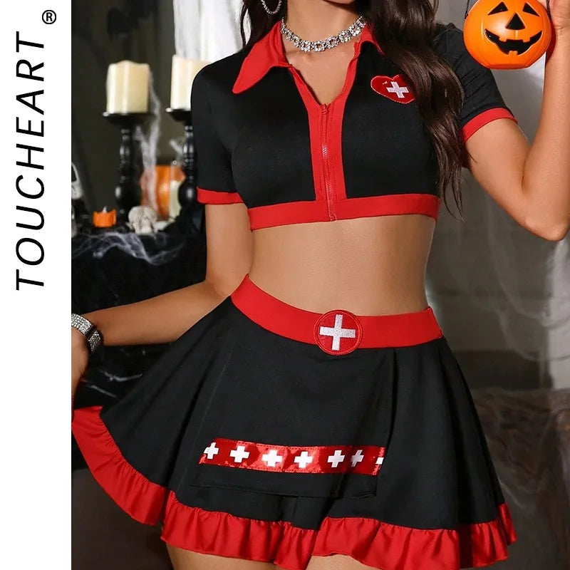Toucheart Halloween Cosplay Nurse Uniform Slim Expose Your Plunge Waist Contrast Color Nurse Uniform Set