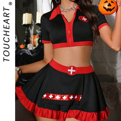 Toucheart Halloween Cosplay Nurse Uniform Slim Expose Your Plunge Waist Contrast Color Nurse Uniform Set