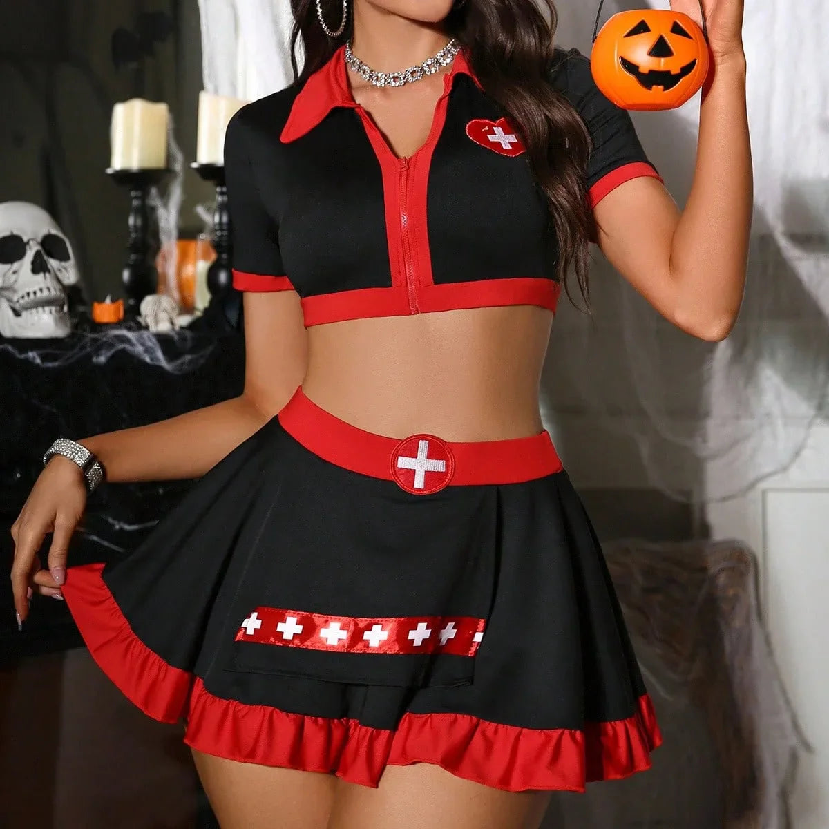 Toucheart Halloween Cosplay Nurse Uniform Slim Expose Your Plunge Waist Contrast Color Nurse Uniform Set