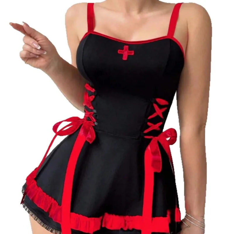 Toucheart Halloween Nurse Cosplay Uniform Slim Plunge Contrast Color Erotic Girls Uniform Set