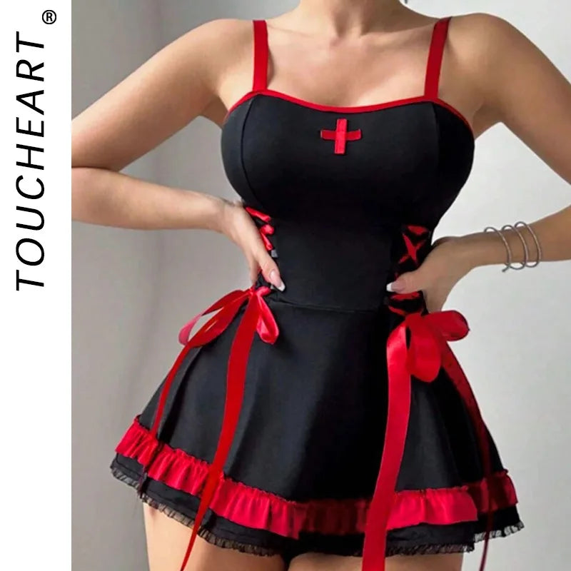 Toucheart Halloween Nurse Cosplay Uniform Slim Plunge Contrast Color Erotic Girls Uniform Set