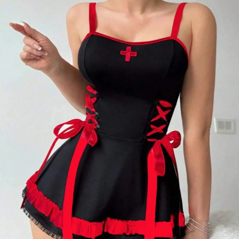 Toucheart Halloween Nurse Cosplay Uniform Slim Plunge Contrast Color Erotic Girls Uniform Set