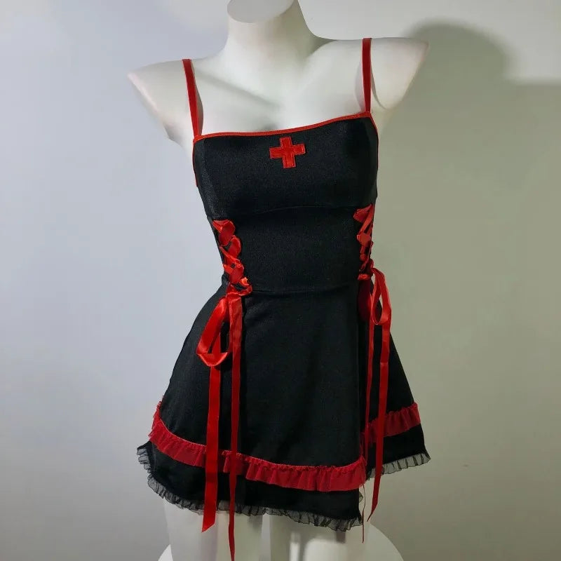 Toucheart Halloween Nurse Cosplay Uniform Slim Plunge Contrast Color Erotic Girls Uniform Set