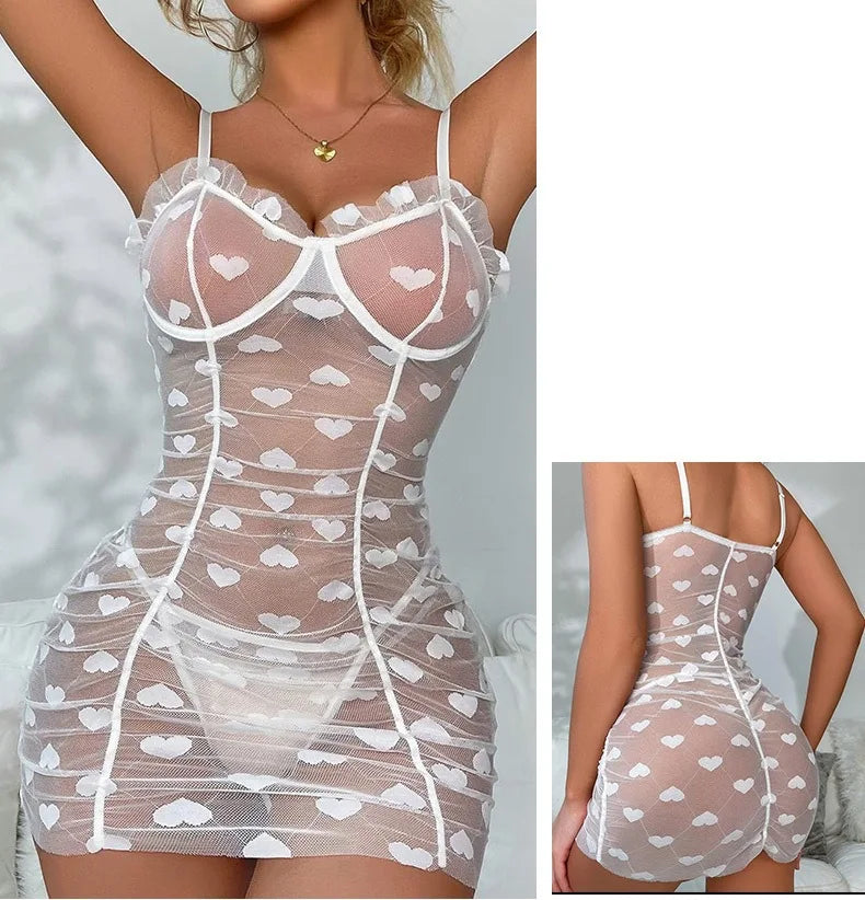 Toucheart Heart Mesh Frill Trim Underwire Lingerie Dress Thong Lace Mesh Halter Lingerie Dress