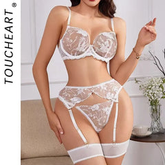 Toucheart Lingerie Mesh Embroidery Floral Slim Backless Romantic Intimate Set