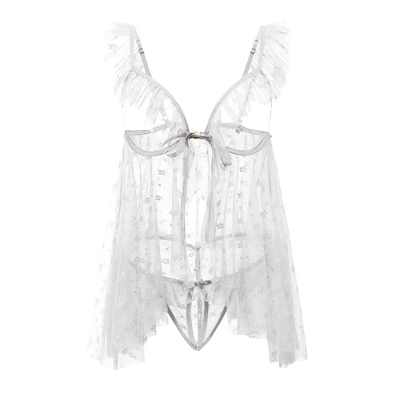 Toucheart Lingerie Lingerie Lace See-through Nightgown Suit Solid Color Lace Daring Lingerie