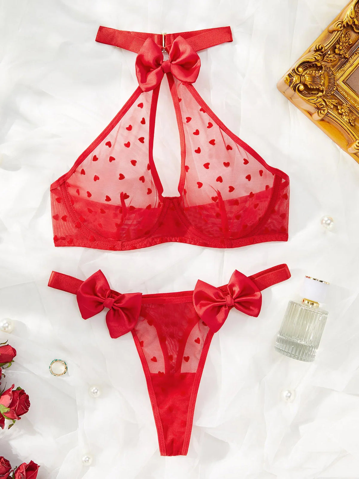 Toucheart Halter Lingerie Panty Bow Knot Decor Lace See-through Slim Plunge Erotic Intimate Underwear Set