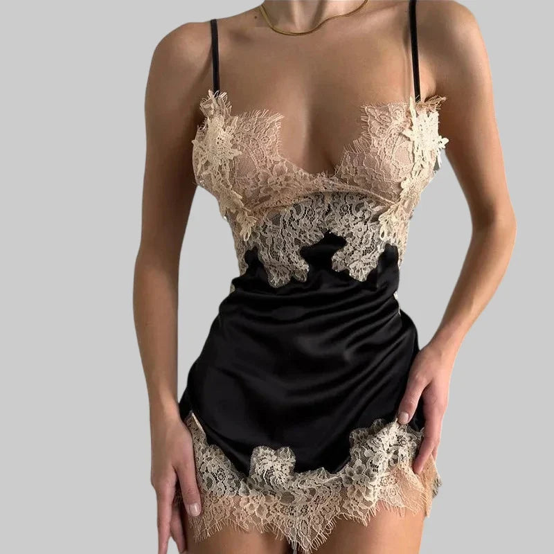 Toucheart Sleeping Skirt Sling DeepV Lace Contrast Color Slim Plunge Embroidery Floral Romantic Delicate Pajamas