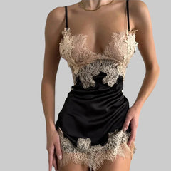 Toucheart Sleeping Skirt Sling DeepV Lace Contrast Color Slim Plunge Embroidery Floral Romantic Delicate Pajamas