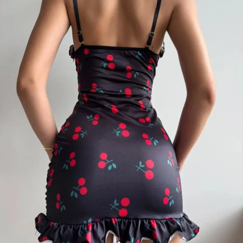 Toucheart Knitting Printing Ruched Slim Lace Night Skirt  Backless Spaghetti Strap Leisure Bodycon Dress