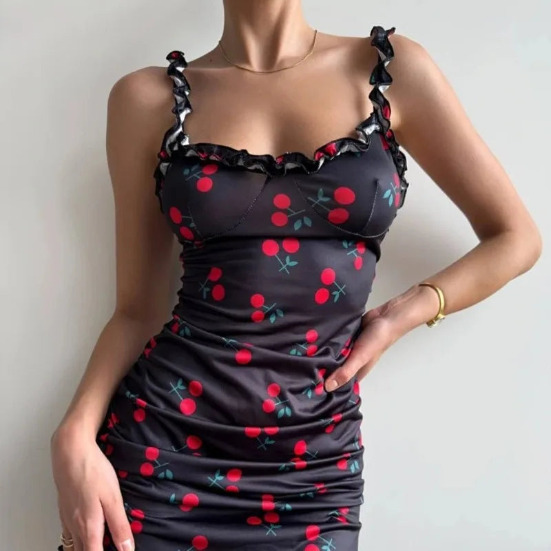 Toucheart Knitting Printing Ruched Slim Lace Night Skirt  Backless Spaghetti Strap Leisure Bodycon Dress
