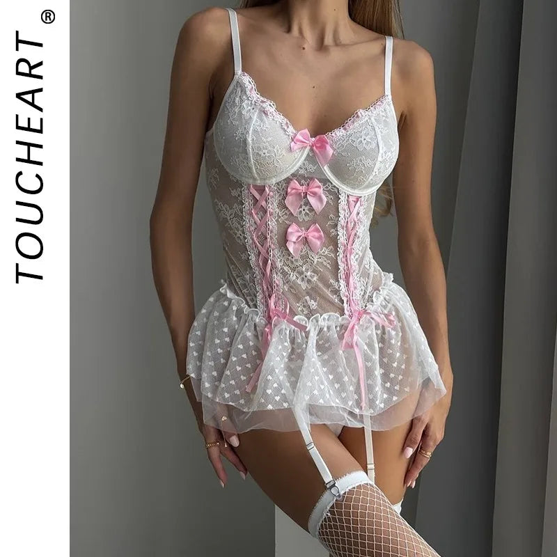 Toucheart Lace Bow Knot Lace Up Night Skirt See-through Spaghetti Strap Girl Night Skirt Set