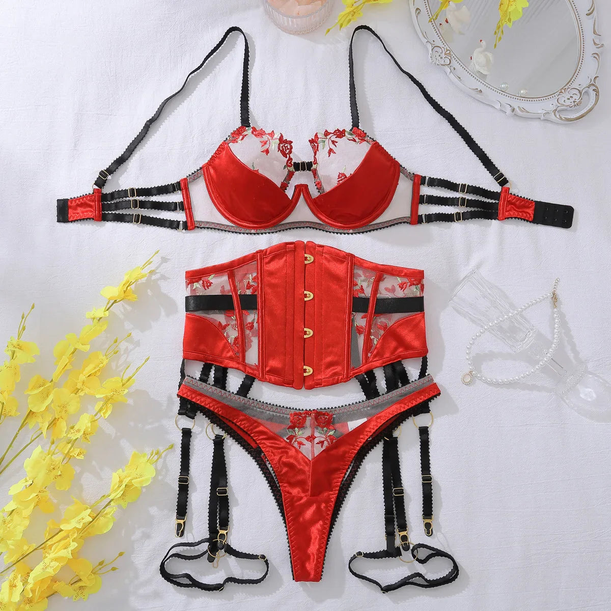 Toucheart Lace Embroidery Broken Flowers Underwear See-through Slim Backless High Waisted Mesh Set