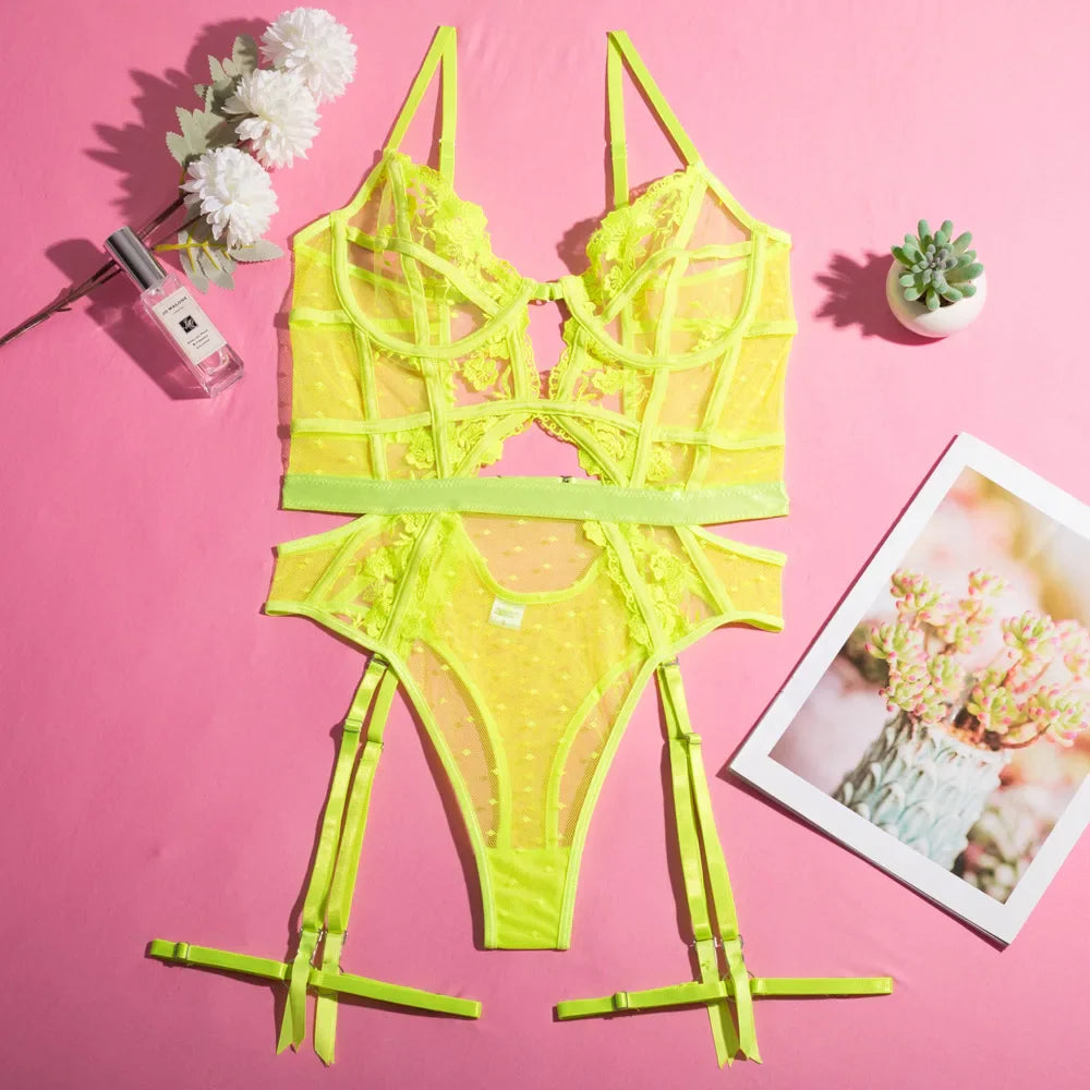 Toucheart Lace Embroidery Jumpsuit Mesh See-through Underwear Solid Color Garters Underwear