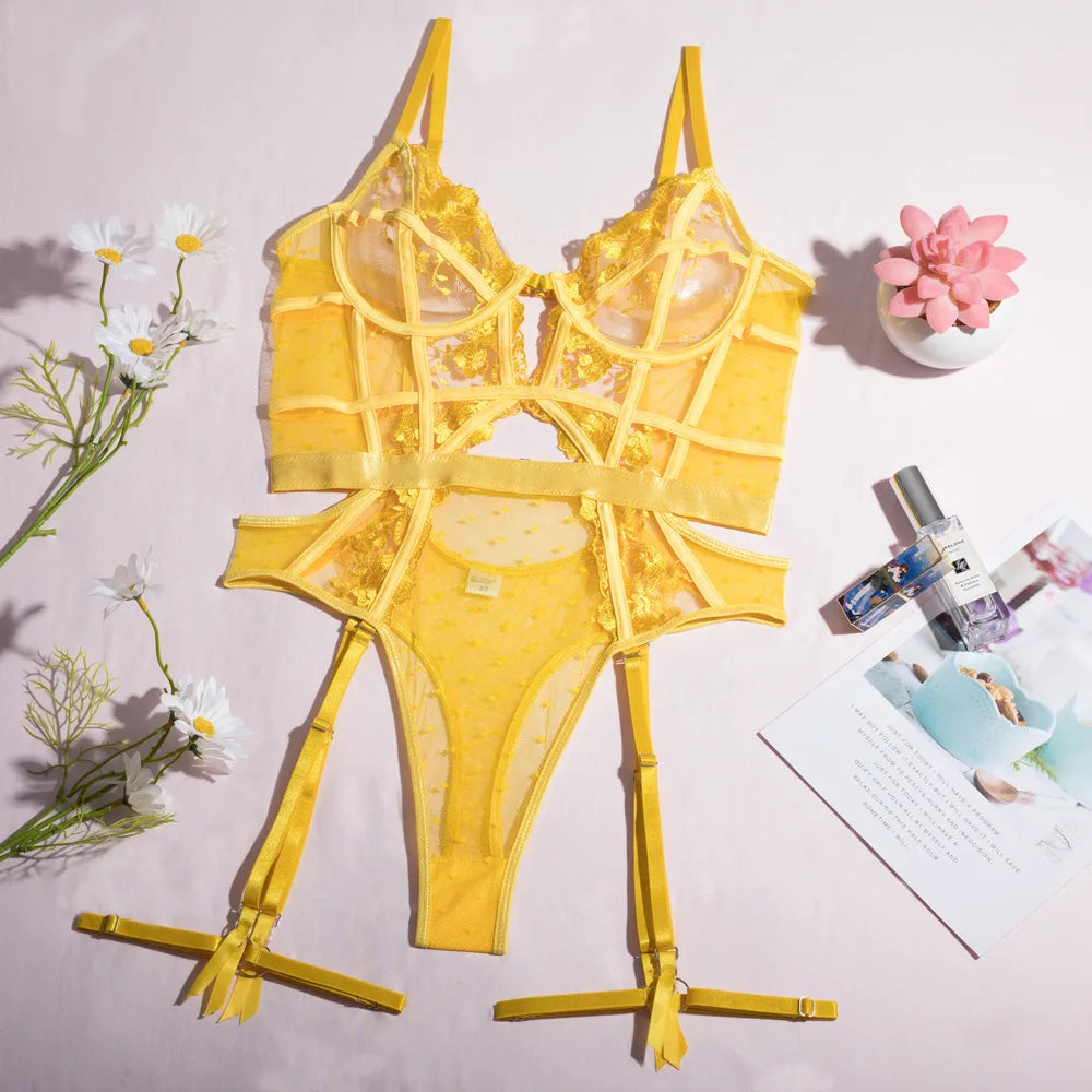 Toucheart Lace Embroidery Jumpsuit Mesh See-through Underwear Solid Color Garters Underwear